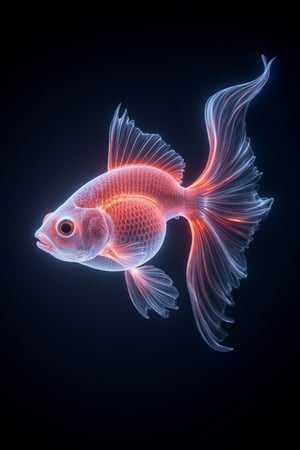 Medium shot of a glowing x-ray image revealing a see-through goldfish made of light, featuring striking neon colors. Hyper-realistic, ultra-detailed, with vibrant hues and translucent textures, set against a dark background.