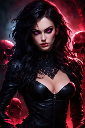 the image portrays a character with a gothic and edgy style. the character is dressed in black leather, which adds to the dark and mysterious ambiance of the scene. her pink eyes and the skulls surrounding her further emphasize the dark theme. the choice of color palette, primarily using shades of black and red, creates a striking contrast that is characteristic of the dark fantasy genre