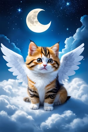 potrait of winged kitten sitting on the clouds. a moon and stars in the night sky, ethereal cutie, fantasy, mystical sky