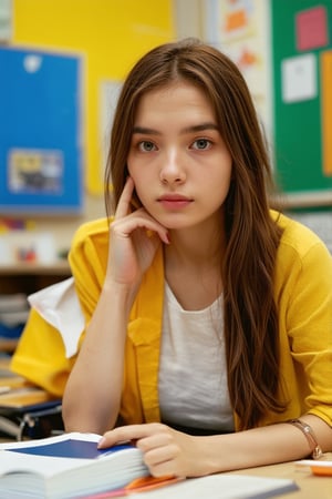 beautiful 18-year-old student girl with alluring eyes on classroom, cute pose, super model, cinematic shot in the style of denis villeneuve, (looking at viewer), masterpiece