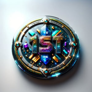 generate a modern badge made of glass, with text "1st", text "TENSOR.ART", high detail, futuristic, aeshtetic and beautifull, glitter,cyborg style,text logo