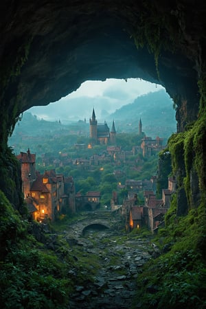 (magical fantasy hanging medieval city buildings with minarets in a fantastical vast expansive underground mossy enclosed cave dimension with lush shrubs vegetation), advntr, floating rock formations in zero gravity, (multi terraced slopes in a procession courtyard, cramped many story houses, many hanging connected multidimensional bridges and aqueducts with vines, giant olivine crystals and fungi), moody misty atmospherics, 4k, highres, best quality, dramatic, cinematic, epic, pantone analogue style, (concept art, digital art, realistic, professional masterpiece, dynamic, (curvilinear perspective), high view angle, establishing shot, low depth of field, tilt shift, iris blur, bokeh, sharp clarity:1.2), dvr-lnds-sdxl, fine intricate details, great lighting, warm dappled soft lighting, volumetric lighting, detailed highlights, rim lighting, low-key