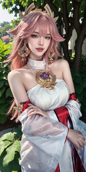 (masterpiece, best quality, photorealistic:1.4), 1girl, yae miko, pink hair, long hair, purple eyes, fox_ears, bangs, pearls and jewels, hair ornament, earrings, bare shoulders, outdoor, garden, flowers, tree, detailed background, finely detailed, dynamic lighting, stand pose, dslr