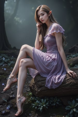 wide shot from above sitting, between the legs, arm at side, head tilt, (enchanting elf with long pointed ears) young woman, slender build, high elf, fair skin, golden eyes, wavy hair, wearing a soft lavender luxurious elven dress, satin ballet shoes with ethereal motifs, elven ear cuffs, moonstone ring, silver eyeliner, leaf-shaped brooch, set in an otherworldly enchanted forest, with glowing plants, magical creatures, and an enchanting ambiance, in the moonlight