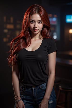 A cute Irish rocker girl, a black t-shirt, jeans, long wavy red hair, Rockstar makeup, in a nightclub, dramatic scene, natural light, detailed face, detailed eyes, detailed skin, photo-realistic, extreme-realism,