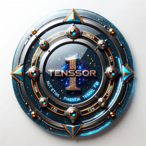 generate a modern badge made of glass, with text "1 TENSOR.ART", high detail, futuristic, aeshtetic and beautifull, glitter,cyborg style