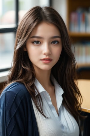 beautiful 18-year-old student girl with alluring eyes on classroom, cute pose, super model, cinematic shot in the style of denis villeneuve, (looking at viewer), masterpiece