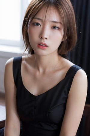 25 years old woman, (photorealistic:1.4, realistic), highly detailed CG unified 8K wallpapers, 1girl, (((slender body:0.8))), ((small breasts:0.7)), looking at viewer, (HQ skin:1.4), 8k uhd, dslr, soft lighting, high quality, film grain, Fujifilm XT3, ((close up shot:1.2)), (((black dress, black mini skirt))), ((simple background, black background))