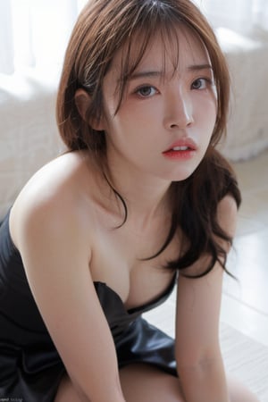 25 years old woman, (photorealistic:1.4, realistic), highly detailed CG unified 8K wallpapers, 1girl, (((slender body:0.8))), ((small breasts:0.7)), looking at viewer, (HQ skin:1.4), 8k uhd, dslr, soft lighting, high quality, film grain, Fujifilm XT3, ((close up shot:1.2)), (((black dress, black mini skirt))), ((simple background, black background))