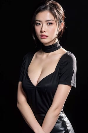 25 years old woman, (photorealistic:1.4, realistic), highly detailed CG unified 8K wallpapers, 1girl, (((slender body:0.8))), ((huge breasts:1.2)), looking at viewer, (HQ skin:1.4), 8k uhd, dslr, soft lighting, high quality, film grain, Fujifilm XT3, ((close up shot:1.2)), (((black dress, black mini skirt))), ((simple background, black background)),