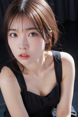 25 years old woman, (photorealistic:1.4, realistic), highly detailed CG unified 8K wallpapers, 1girl, (((slender body:0.8))), ((small breasts:0.7)), looking at viewer, (HQ skin:1.4), 8k uhd, dslr, soft lighting, high quality, film grain, Fujifilm XT3, ((close up shot:1.2)), (((black dress, black mini skirt))), ((simple background, black background))