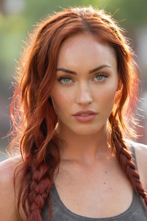 Portrait Photo a portrait, hyperdetailed photography, by Elizabeth Polunin, red haired young woman, fishtail braids, brooklyn, looking straight to camera, sweaty, megan fox, nepal, very accurate photo, suspiria