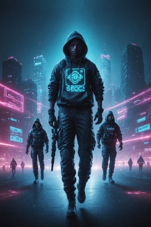 a urban streetstyled gang with polyester grafitti styled hooded ugly Sweater, techware,synthwave, neon lit City,cybertech ,posing in front of tag "reboot", systemshock wire aesthetic