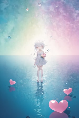 style of Steven DaLuz, iridescent, adorable, happy, an old woman, white hair, swim_suit, from above, koi fish, <3, hearts, water, water drops, water bubbles, rainbow colors, scenery, bokeh, reflections, shiny, depth of field, pastel colors, simple white background, Illustration, cover art, japan, blur, minimalistic, eguchistyle,toitoistyle