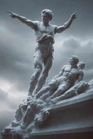 martius_storm,In a scene that evokes the grandeur of the Renaissance, the formidable storm unfolds in the sky, a tribute to Michelangelo's mastery of dramatic and dynamic environments. In the midst of this powerful tempest, the figure of the Stormweaver, Goddess Eirian, is portrayed with the sculptural precision and anatomical perfection characteristic of Michelangelo's work. Her form, reminiscent of the figures in the Sistine Chapel, displays a powerful grace, her muscles and drapery defined with the careful attention to detail and understanding of the human body that Michelangelo famously depicted in his sculptures like 'David' and 'Pieta.' Eirian's attire, though ethereal and flowing, possesses a sense of weight and texture akin to the marble folds Michelangelo carved in his statues. Every fold of her gown, every movement she makes amidst the swirling clouds, echoes the artist's ability to capture both the strength and softness of the human form. The descending mechanical artifacts, integrated into this Michelangelo-inspired tableau, are rendered with the same level of detail and realism. Their design is influenced by the intricate engineering sketches and studies from Michelangelo's notebooks, blending seamlessly with the mythological and classical theme. This scene, a blend of Michelangelo's classical artistry with the mythical narrative of the Stormweaver, creates a powerful, timeless composition, filled with the dramatic tension and physical realism that defined Michelangelo's legacy, all captured in a high-resolution, cinematic frame