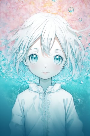 style of Steven DaLuz, iridescent, adorable, happy, an old woman, white hair, swim_suit, from above, koi fish, <3, hearts, water, water drops, water bubbles, rainbow colors, scenery, bokeh, reflections, shiny, depth of field, pastel colors, simple white background, Illustration, cover art, japan, blur, minimalistic, eguchistyle,toitoistyle