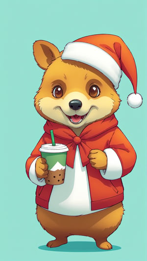 A detailed illustration of a print of a cute quokka standing under Christmas tree and it wear Santa hat drinking cup of frappuccino, Christmas theme, hyper realistic high quality, t-shit desing graphic, vector, carton, contour, fantasy swirls splash, modern t-shirt design, in the style of Studio Ghibli, light white  red and green pastel tetradic colors, 3D vector art, cute and quirky, fantasy art, watercolor effect, bokeh, Adobe Illustrator, hand-drawn, digital painting, low-poly, soft lighting, bird's-eye view, isometric style, retro aesthetic, focusedon the character, 4K resolution, photorealistic rendering, usingCinema 4D, ,Leonardo Style