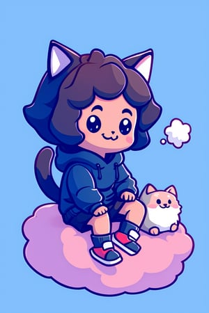 style of Mike Mignola, a cute neko, sitting on cloud, cold colors, simple background, artstation, USA, sticker, cutestickers
