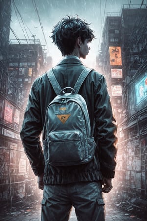 Back view, one high school boy, downtown, illustration that looks like it was drawn with colored pencils, wide angle, anime aesthetic, joseph beuys, callie fink, anime-influenced