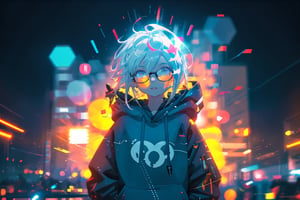 happy, a girl, pixel glasses on, gray dreads hair, hoody on, upper body, deal with it, dj theme, (bokeh:1.1), depth of field, style of Alena Aenami, tracers, vfx, splashes, lightning, light particles, electric, white background,modernstyle,toitoistyle