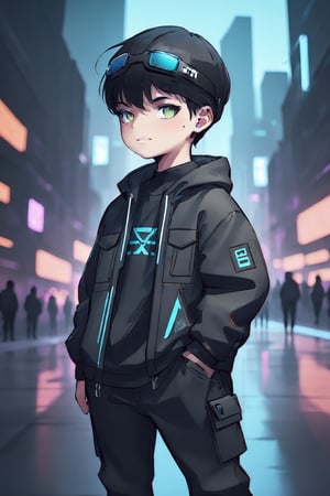 Cyberpunk boy, tech wear, thematic detailed background, bokeh, big city