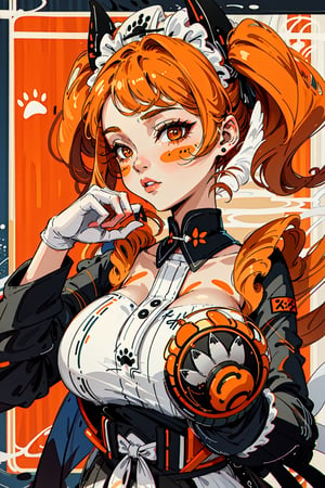 1girl, paw pose, huge breasts, maid, paw print, twintails, upper body, beizu style, signs, symbols, white, orange, black