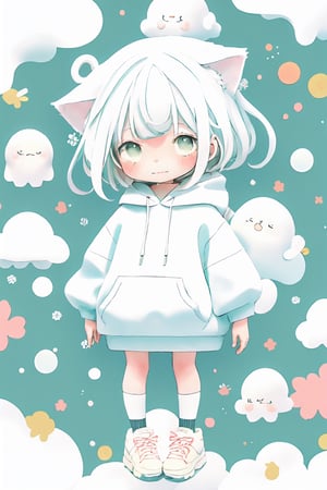 style of Chiho Aoshima, adorable, cute, a girl, cat ears, white hair, white hoody on, full body, warm colors, simple white background, in clouds, Illustration, cover art, japan, minimalistic, eguchistyle,toitoistyle,cutestickers