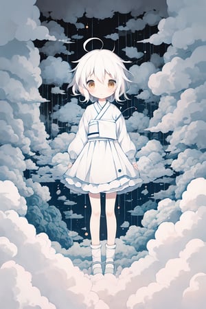 style of Chiho Aoshima, adorable, cute, a girl, white hair, puffy dress, full body, warm colors, simple white background, in clouds, Illustration, cover art, japan, minimalistic, eguchistyle