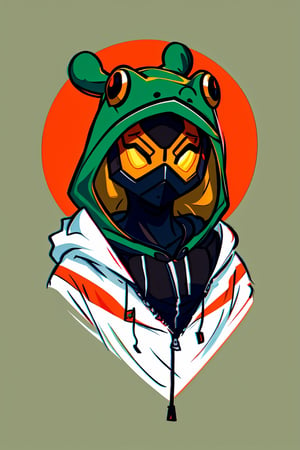 style of Justin Maller, a frogy, hoody on, warm colors, simple  background, Illustration, japan, minimalistic, cutestickers