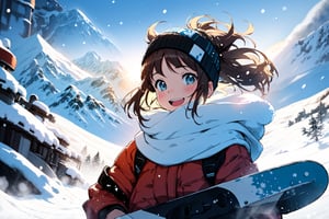 style of Jonny Duddle, a girl, winter, snowboarding, snow, mountains, dynamic pose, happy, amazed, bokeh, depth of field, scenery, blurry background, light particles, strong wind, cosy background, warm color, Illustration, Character Design, Watercolor, Ink, oil, thematic background, ambient enviroment, epic