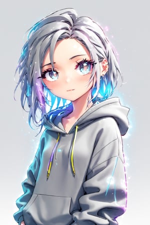shy, a hot sexy girl, pixel glasses on, gray dreads hair, hoody on, upper body, deal with it, dj theme, (bokeh:1.1), depth of field, style of Alena Aenami, tracers, vfx, splashes, lightning, light particles, electric, white background,ExStyle
