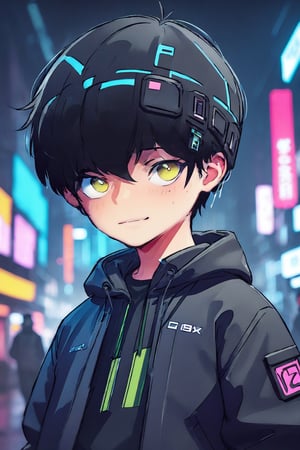 Cyberpunk boy, tech wear, closeup, thematic detailed background, bokeh, tokyo neon city