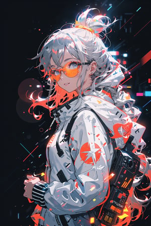 happy, a girl, pixel glasses on, gray dreads hair, hoody on, upper body, deal with it, dj theme, (bokeh:1.1), depth of field, style of Alena Aenami, tracers, vfx, splashes, lightning, light particles, electric, white background