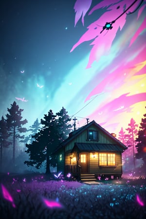 style of Anato Finnstark, a beautiful landscape of a small house, thematic background, neon, glow, fluttering symbols, | depth of field, bokeh, | smooth detailed shadows, hyperealistic shadows, (saturated colors:1.2) | (game cg, unreal engine, pixar style), (3d model),toitoistyle