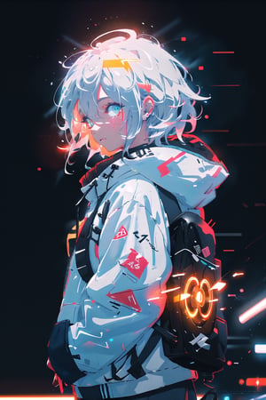 happy, a girl, pixel particles, gray dreads hair, hoody on, upper body, deal with it, dj theme, (bokeh:1.1), depth of field, style of Alena Aenami, tracers, vfx, splashes, lightning, light particles, electric, glitch fx, white background,modernstyle,toitoistyle
