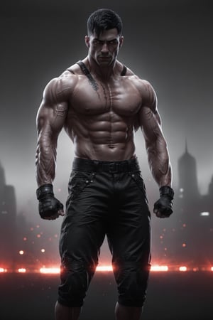 Muscular man body, shirtless, (slim body), (black hair), black gym shorts, fingerless gloves, clinching fist, (purple eyes), white hair, (red eyes), short textured french crop with taper fade, bangs, black hair, (glowing eyes), full-body_portrait, ((black and white)), ((B&W)), slim body, ((two panel comic without text))