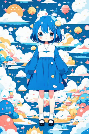 style of Chiho Aoshima, adorable, cute, a girl, royal blue hair, puffy dress, flying donuts, full body, warm colors, simple white background, in clouds, Illustration, cover art, japan, blur, shiny,minimalistic, eguchistyle,simplecats