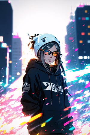 guiltys, happy, a girl, pixel glasses on, gray dreads hair, hoody on, upper body, deal with it, dj theme, (bokeh:1.1), depth of field, style of Alena Aenami, tracers, vfx, splashes, lightning, light particles, electric, white background