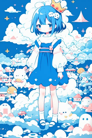 style of Chiho Aoshima, adorable, cute, a girl, royal blue hair, puffy dress, flying donuts, full body, warm colors, simple white background, in clouds, Illustration, cover art, japan, blur, shiny,minimalistic, eguchistyle,simplecats