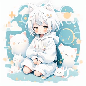 style of Chiho Aoshima, adorable, cute, a boy, cat ears, white hair, white hoody on, full body, warm colors, simple white background, in clouds, Illustration, cover art, japan, minimalistic, eguchistyle,toitoistyle,cutestickers