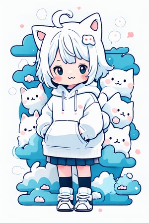 style of Chiho Aoshima, adorable, cute, a boy, cat ears, white hair, white hoody on, full body, warm colors, simple white background, in clouds, Illustration, cover art, japan, minimalistic, eguchistyle,toitoistyle,cutestickers