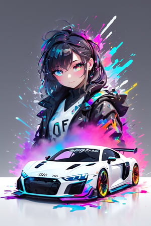 Cyber car Audi R8, fantasy world, dark background, overwatch, clean design, epic Instagram, artstation, splash of colorful paint, contour, hyperdetailed intricately detailed, unreal engine, fantastical, intricate detail, splash screen, complementary colors, fantasy concept art, 8k resolution, deviantart masterpiece, oil painting, heavy strokes, paint dripping,(isolated on white background:1.3), rainbow skin, depth of field, style of Alena Aenami, tracers, vfx, splashes, lightning, light particles, electric, glitch fx, white background,modernstyle,toitoistyle,ExStyle