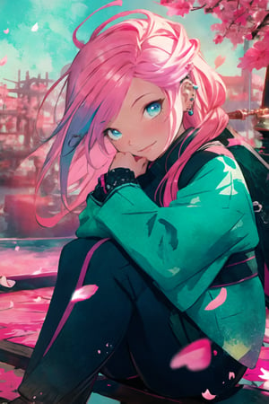 style of Jeremiah Ketner,shy, smiling, a girl, modern suit on, piercings, sit pose, blue eyes, pink hair, upper body, depth of field, by Akihiko Yoshida, tracers, vfx, line waves, white background, fluttering petals, ultradetailed background, intricate details, pastel color, poster, Illustration, Character Design, Watercolor, Ink, thematic background, japan, ambient enviroment, epic, candystyle,toitoistyle