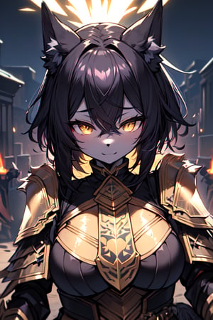 furry, black fur, night, glowing hairs, breasts, black armor, gold elements on armor