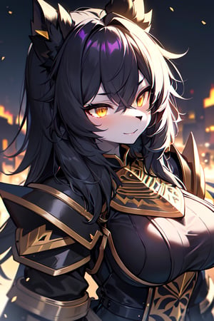 furry, black fur, night, glowing hairs, breasts, black armor, gold elements on armor