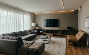 profesional photo of wonderful cozy living room, tv set, couch, modern interior, real life lighting, great composition, highly detailed material texture