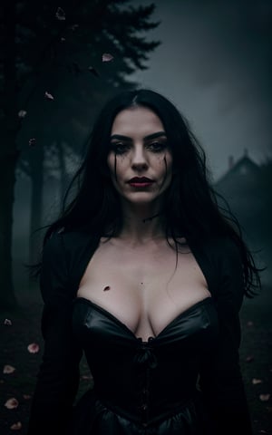 the best RAW photo of victorian witch of salem era vampire woman wearing black dress leather corset, scary, spooky, wide evil smile, fangs, nightmare, dark foggy village, night ominous dark foreboding, mist, moonrays, blood moon, bats, pale skin, black hair, high contrast, backlighting, bloom, chromatic aberration, (bloody lips, bloody tears:1.2), low-key lighting, wind blow, atmospheric fog, (floating black rose petals:1.2)