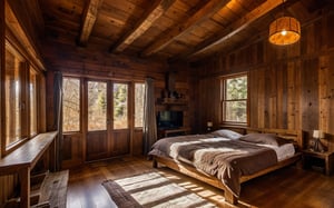profesional photo of wonderful cozy home, with all wooden interior, rustic theme, real life lighting, great composition, highly detailed material texture
