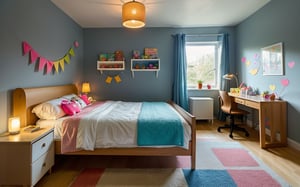profesional photo of wonderful cozy kids room, colorful interior, with cartoon theme, real life lighting, great composition, highly detailed material texture