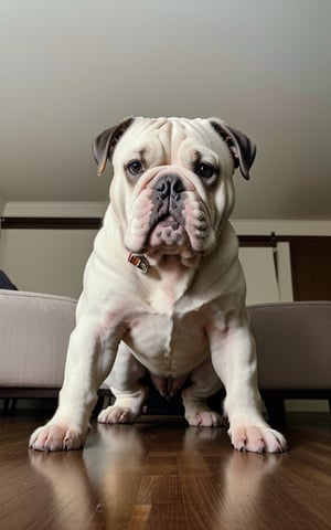 raw photo, best quality, photo of a english bulldog, funny dog, highly detailed, zoom, soft lighting, in living room, (fisheye lens). taken with gopro camera, instagram LUT